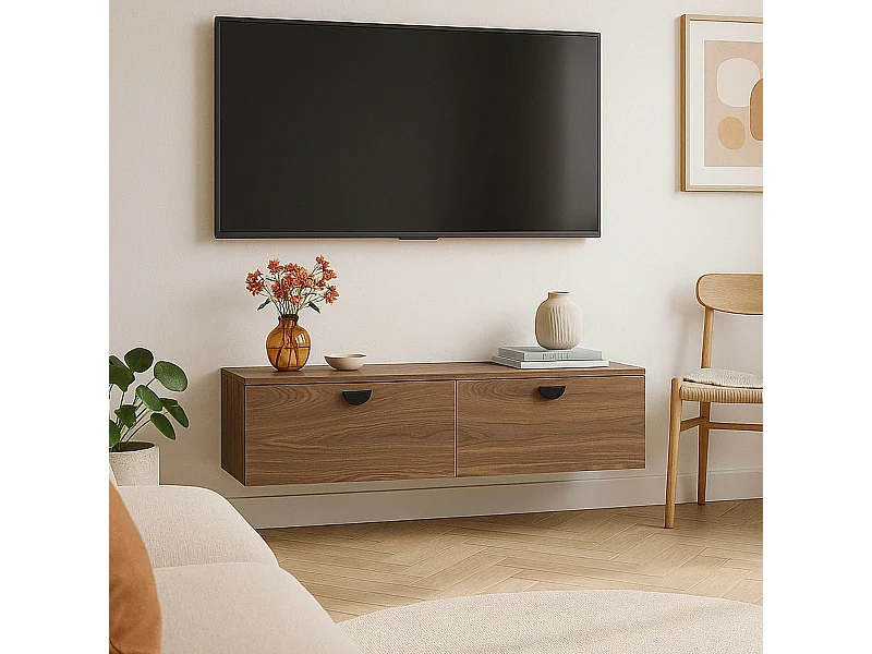 Meuble TV suspendu 120 cm industriel bois foncé