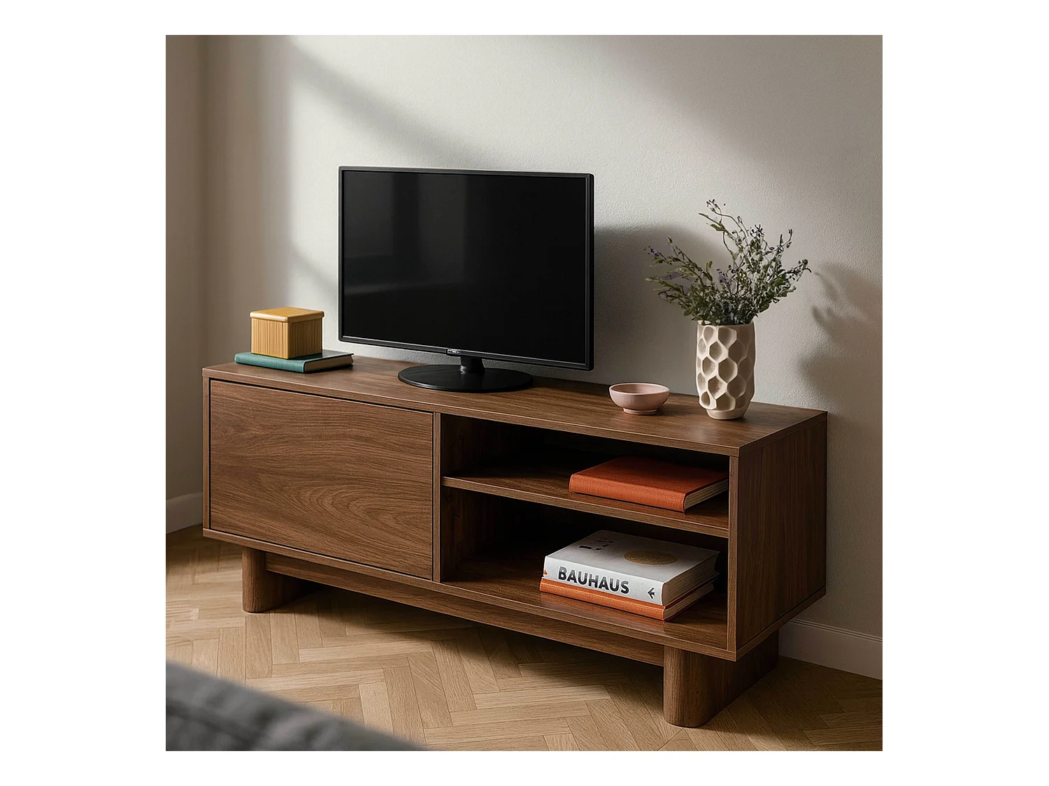 Meuble TV 120 cm scandinave bois foncé