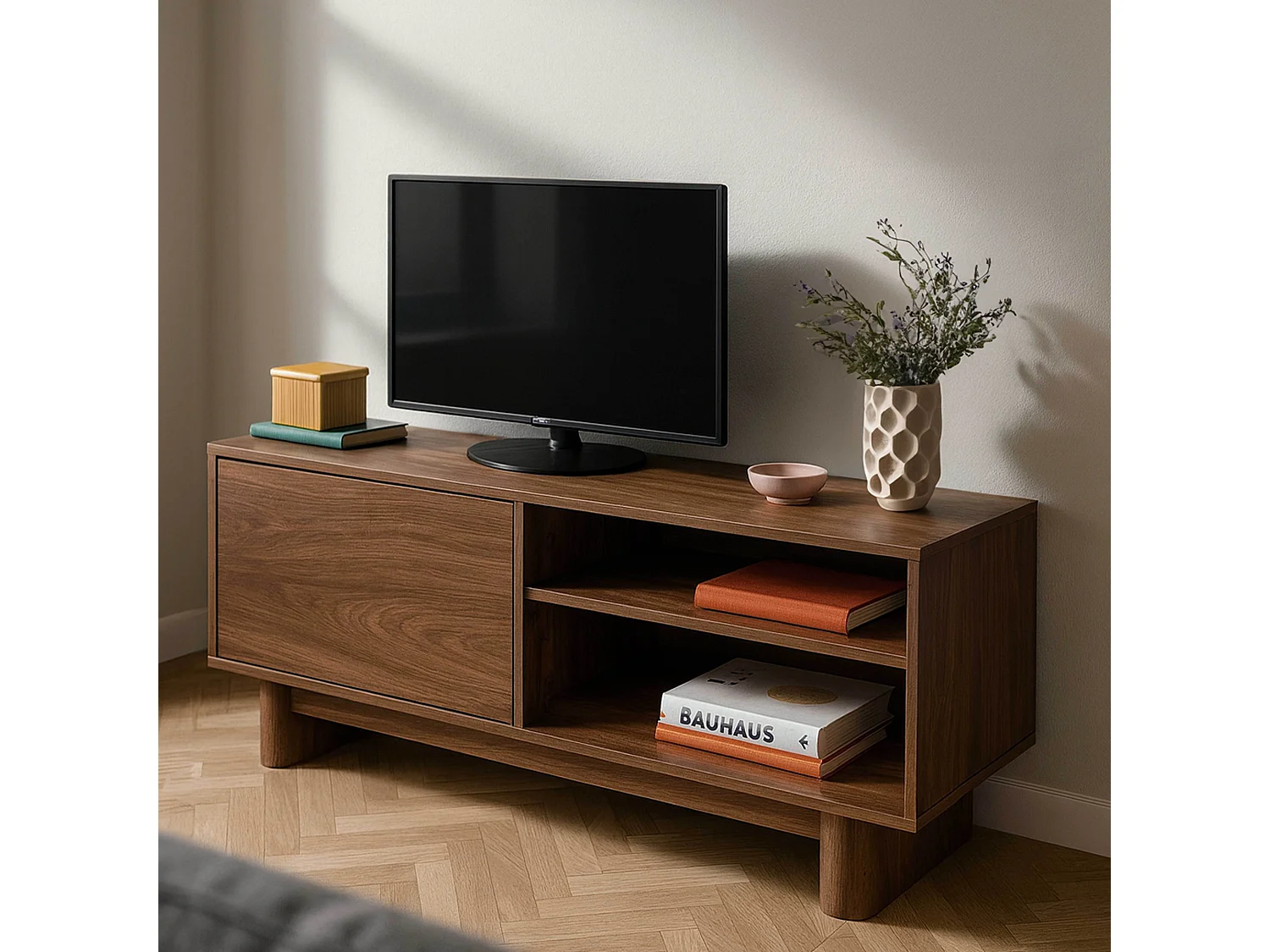 Meuble TV 120 cm scandinave bois foncé