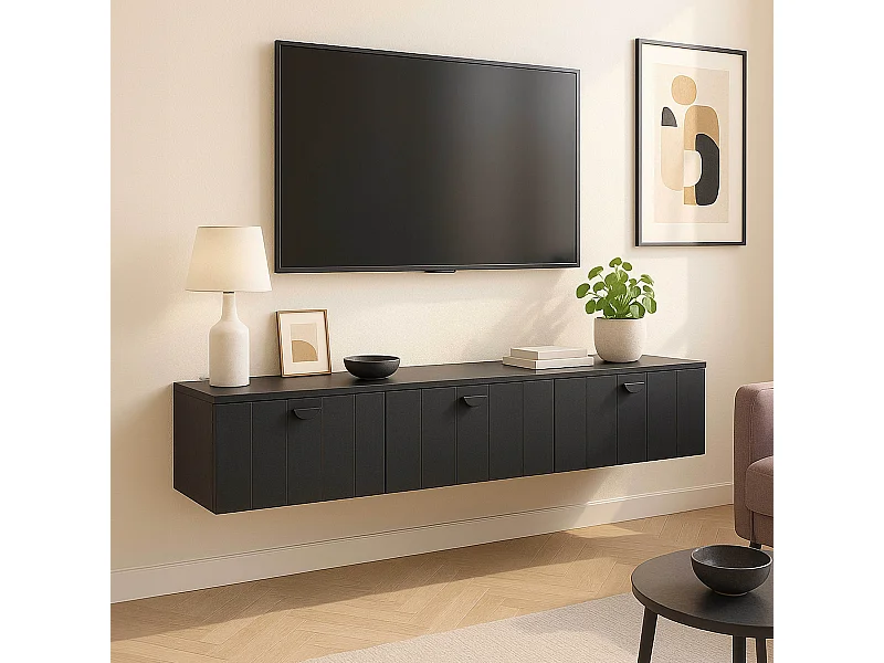 Meuble TV suspendu 200 cm moderne noir