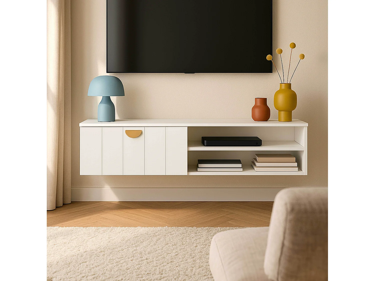 Meuble TV suspendu 120 cm moderne blanc