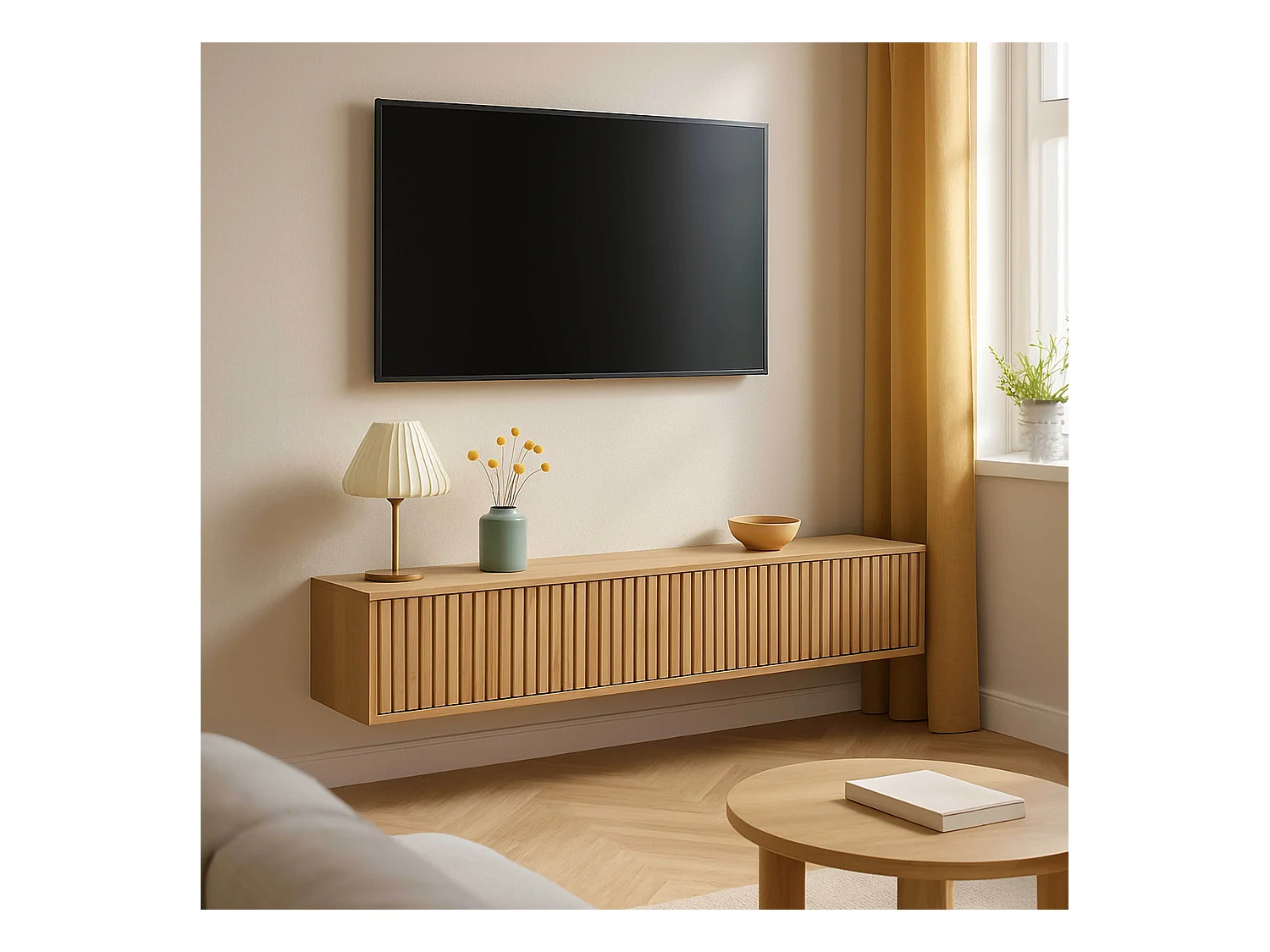 Meuble TV suspendu 160 cm scandinave bois clair