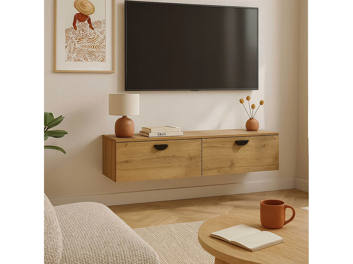 Meuble TV suspendu 120 cm industriel bois clair