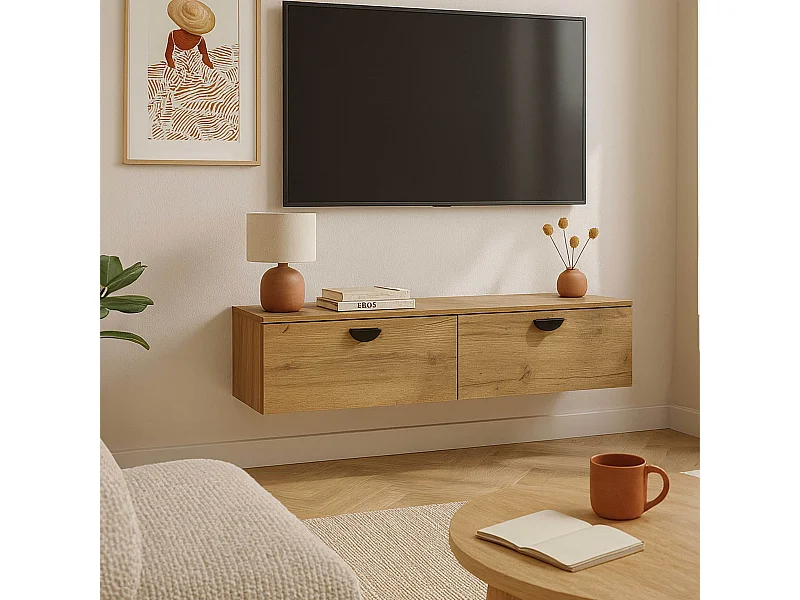 Meuble TV suspendu 120 cm industriel bois clair