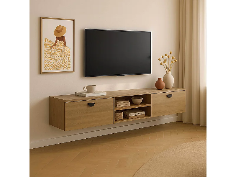 Meuble TV suspendu 160 cm industriel bois clair