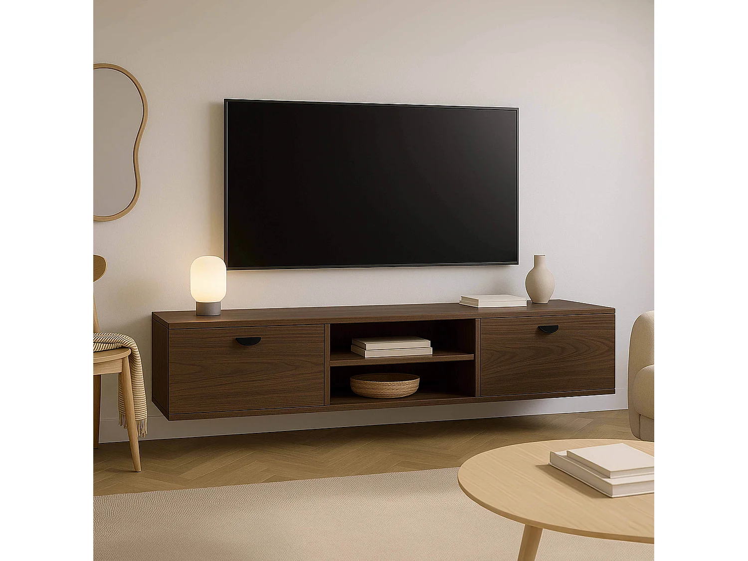 Meuble TV suspendu 160 cm industriel bois foncé