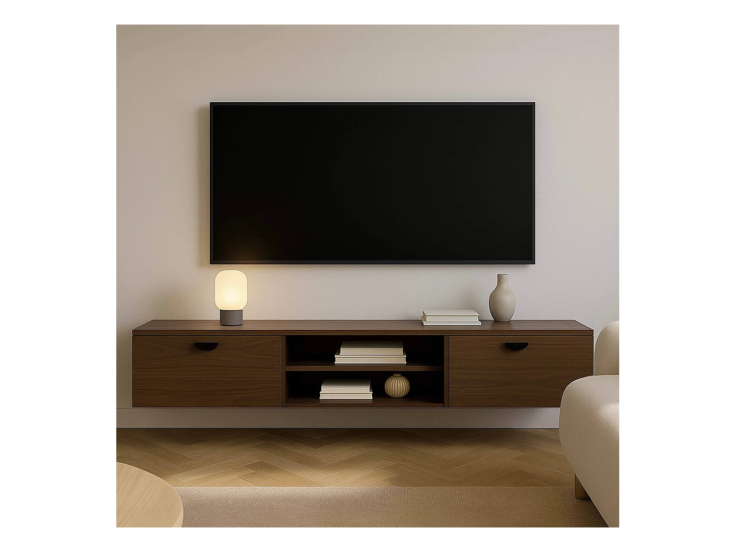 Meuble TV suspendu 160 cm industriel bois foncé