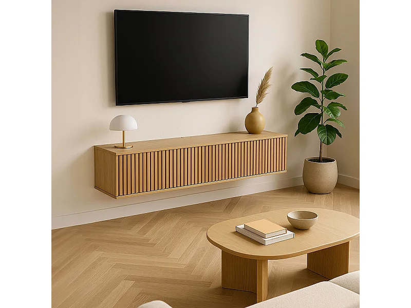 Meuble TV suspendu 120 cm scandinave bois clair