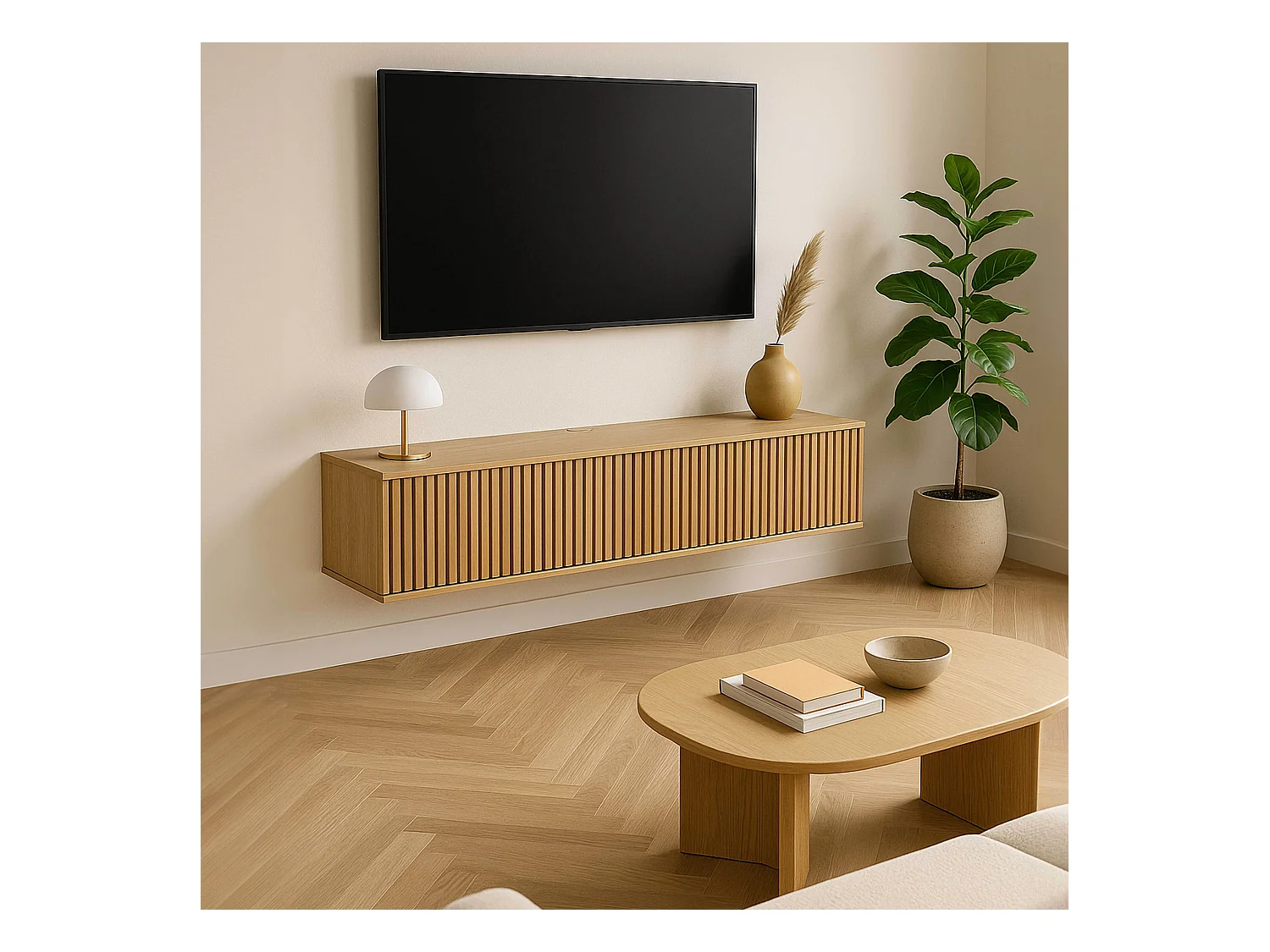 Meuble TV suspendu 120 cm scandinave bois clair