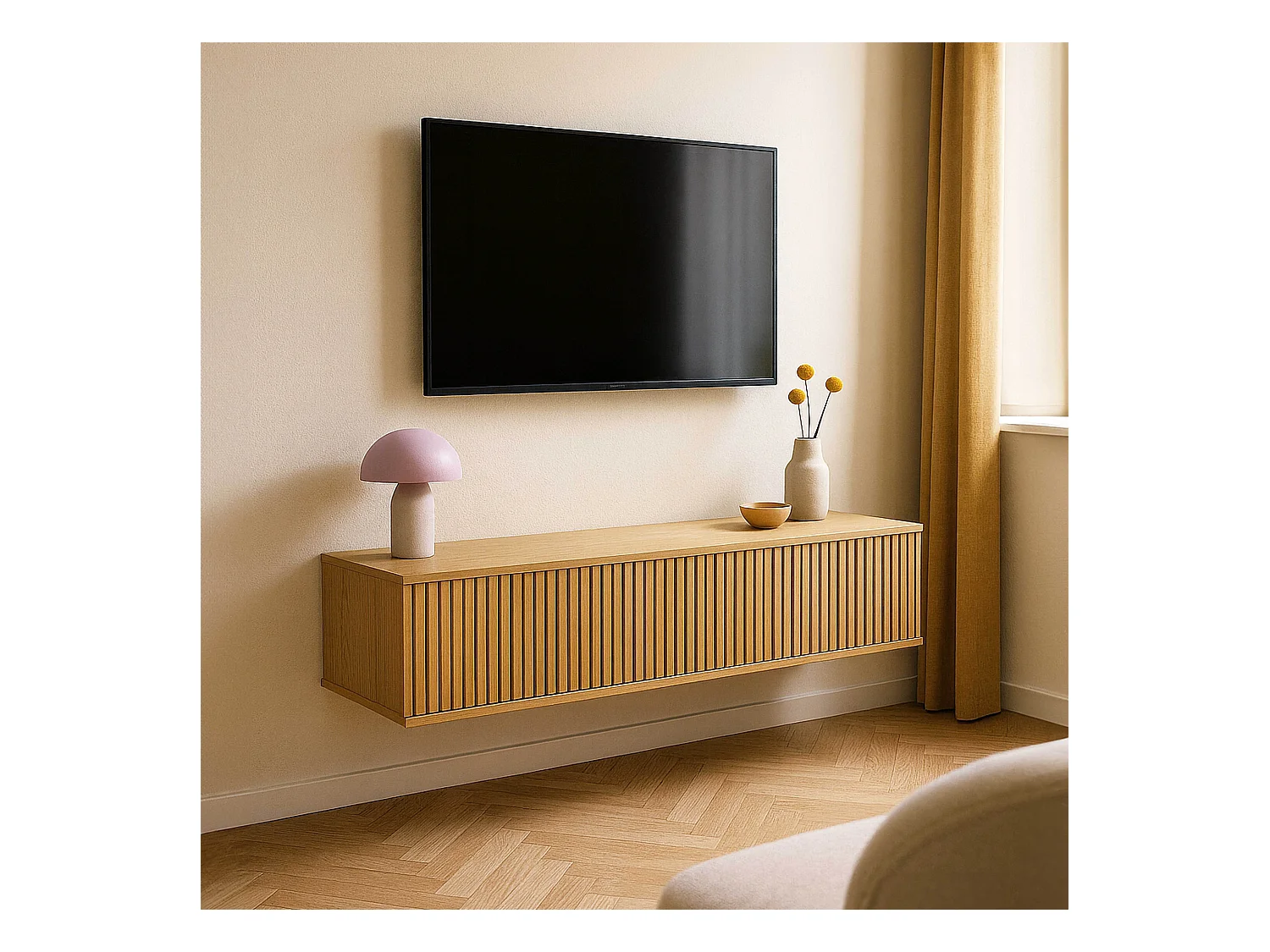 Meuble TV suspendu 120 cm scandinave bois clair