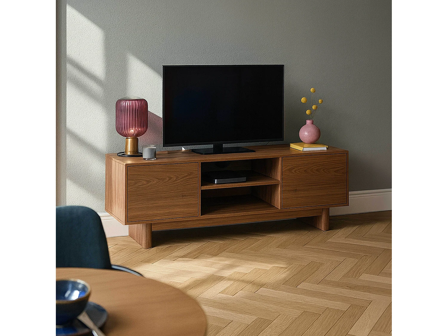 Meuble TV 160 cm scandinave bois foncé