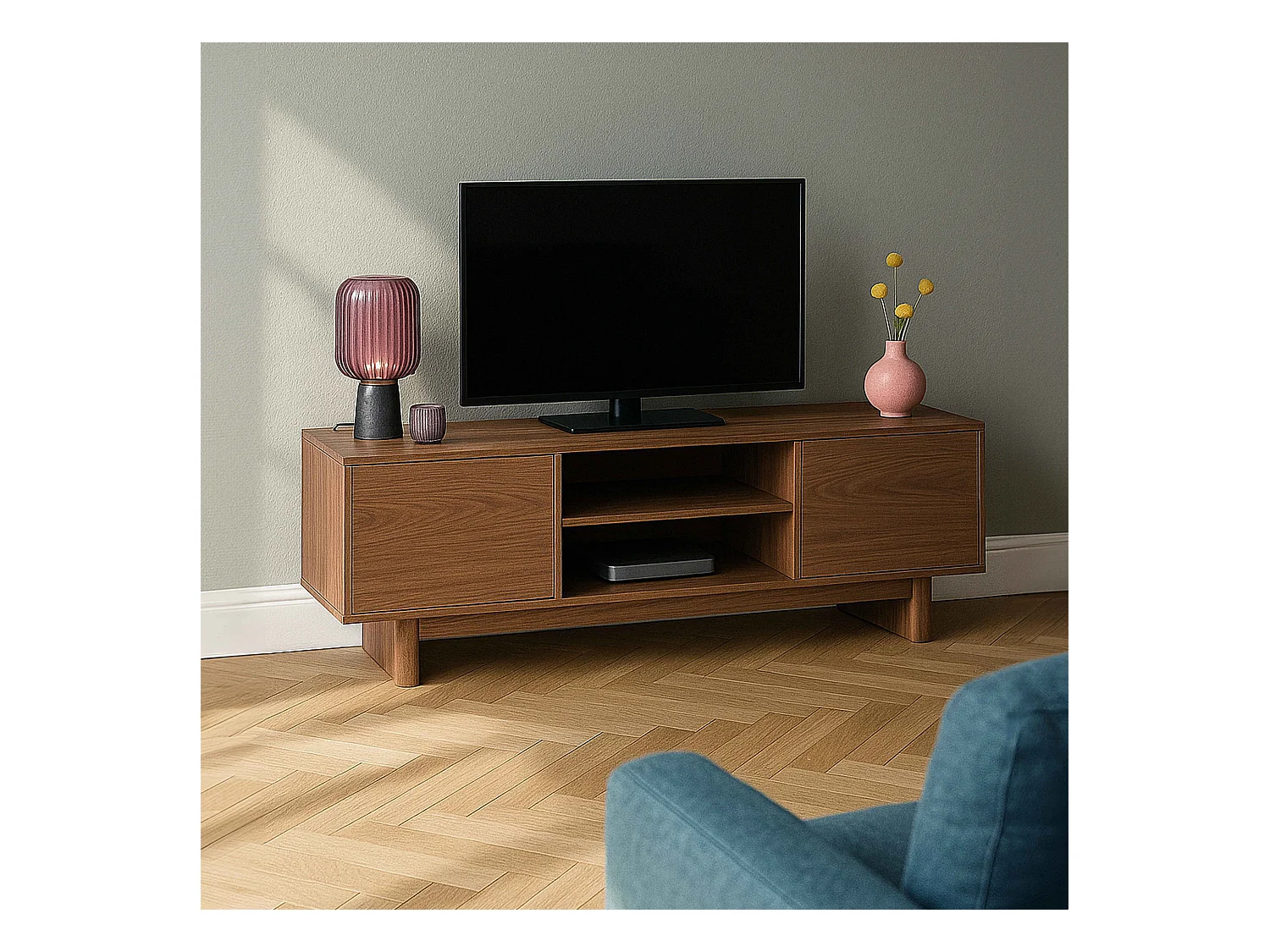 Meuble TV 160 cm scandinave bois foncé