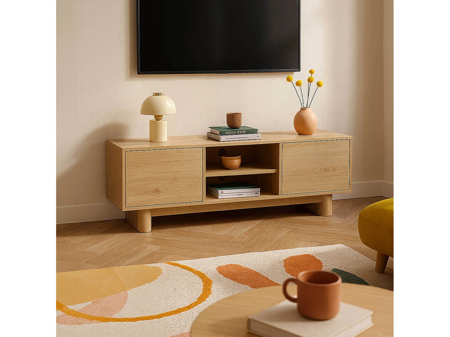 Meuble TV 160 cm scandinave bois clair