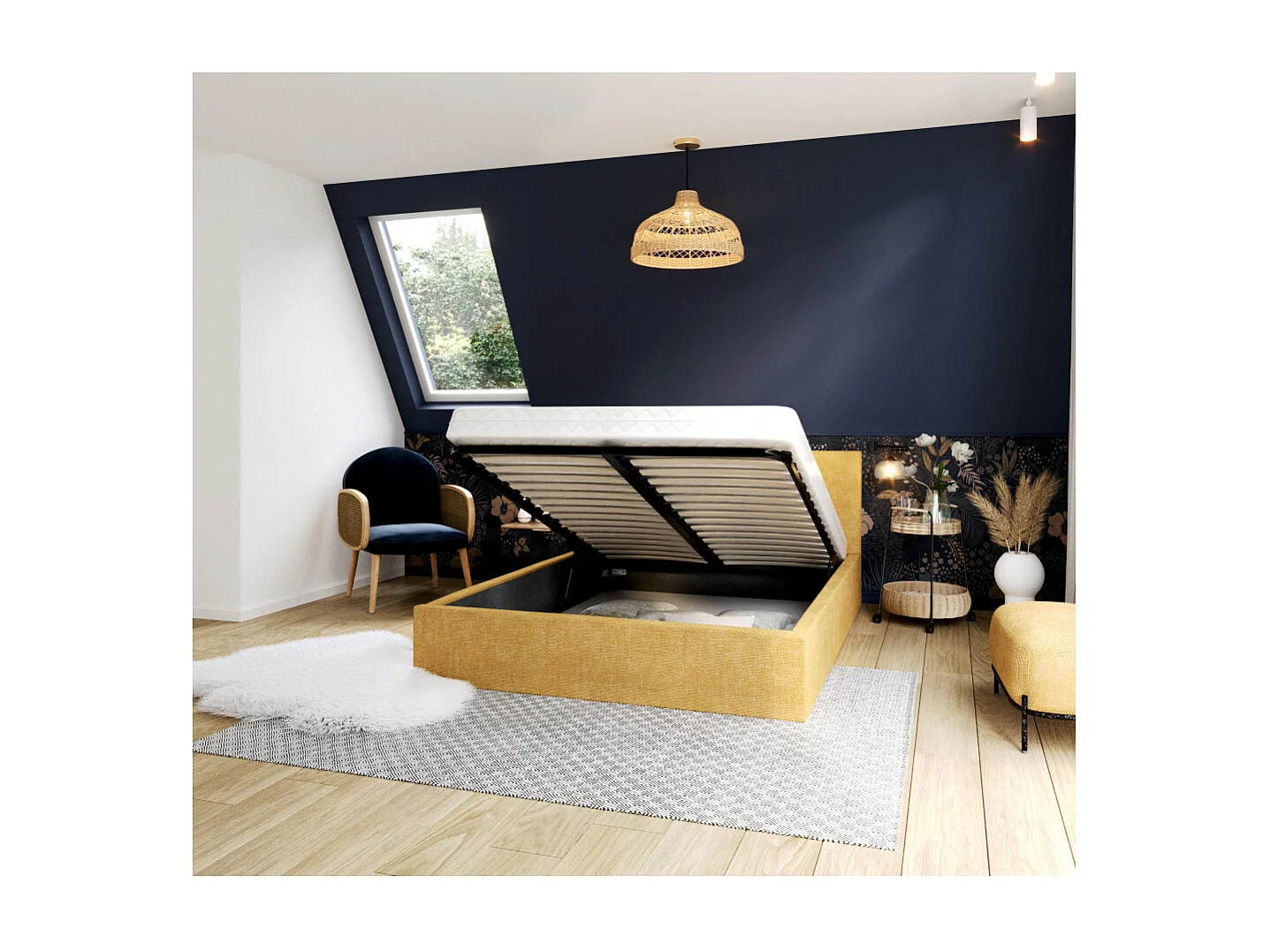 Lit Coffre Tulsa 140x200 cm - Sommier inclus Jaune miel