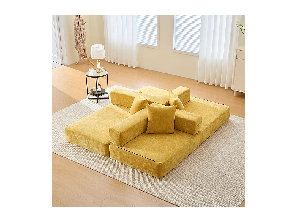 Canapé modulaire chenille ultra-doux modularité poches rangement antidérapant salon jeux bricolage bien-être Jaune moutarde