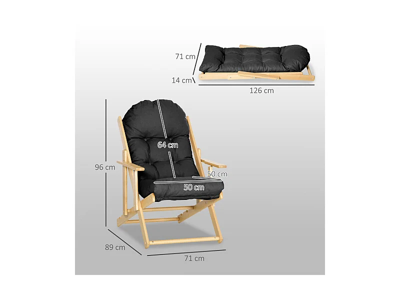 Fauteuil de jardin pliable bois avec coussin NILS noir