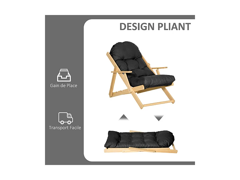 Fauteuil de jardin pliable bois avec coussin NILS noir