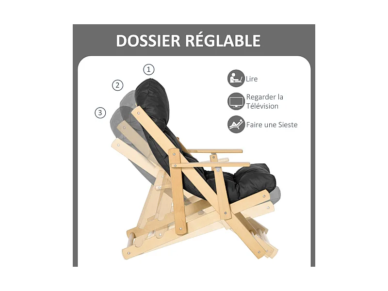 Fauteuil de jardin pliable bois avec coussin NILS noir