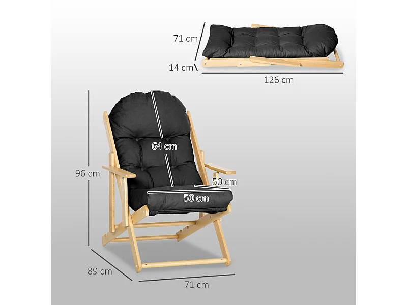 Fauteuil de jardin pliable bois avec coussin NILS noir