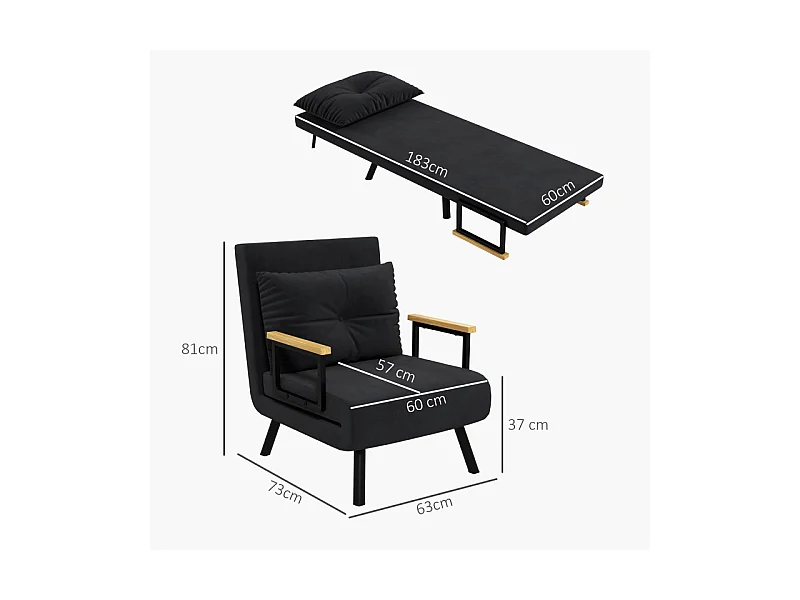 Fauteuil convertible 3 en 1 MINA velours noir et bois