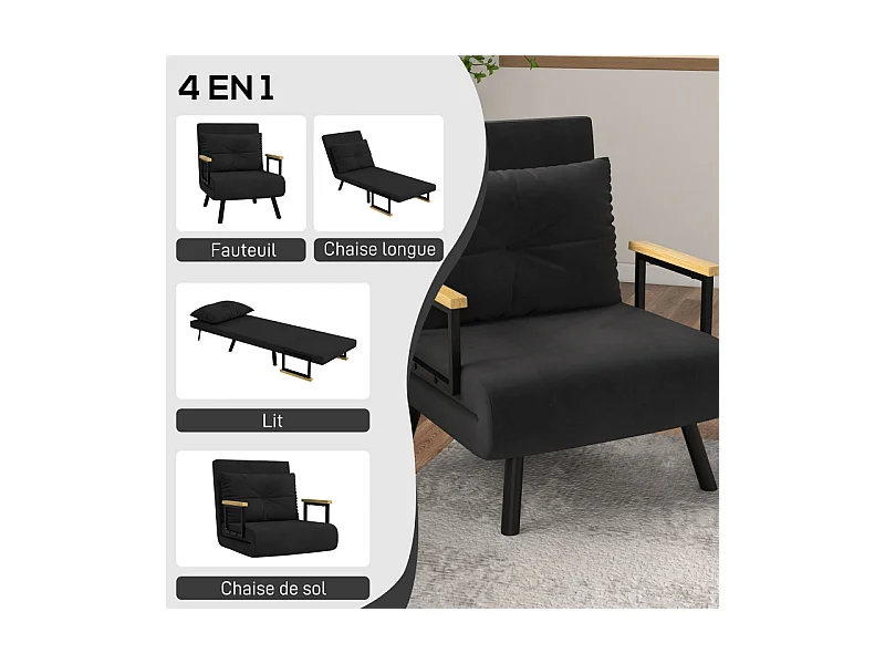 Fauteuil convertible 3 en 1 MINA velours noir et bois