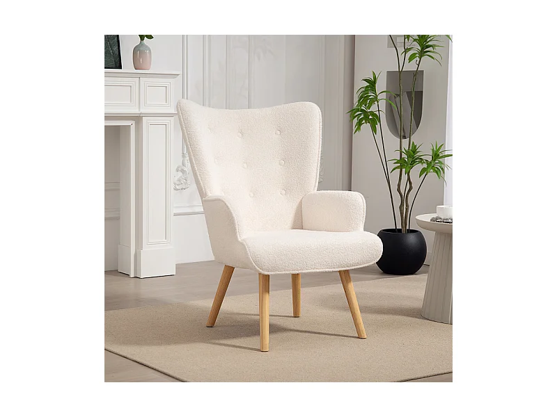 Fauteuil à oreilles effet laine bouclée CARLO beige clair