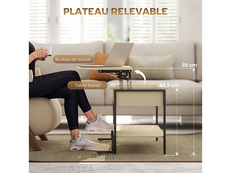 Table basse relevable SOLENE effet bois naturel et noir