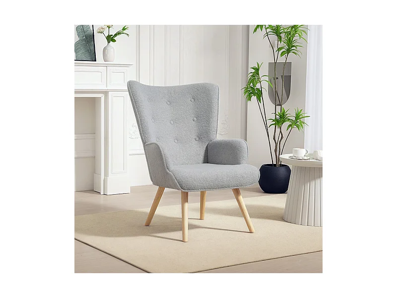 Fauteuil à oreilles effet laine bouclée CARLA gris clair