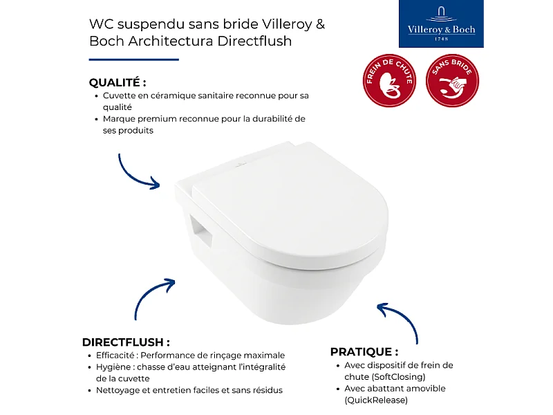 WC suspendu sans bride VILLEROY ET BOCH Architectura Directflush + abattant frein de chute