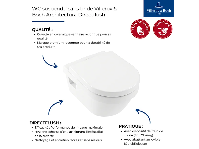 WC suspendu sans bride VILLEROY ET BOCH Architectura Directflush + abattant frein de chute
