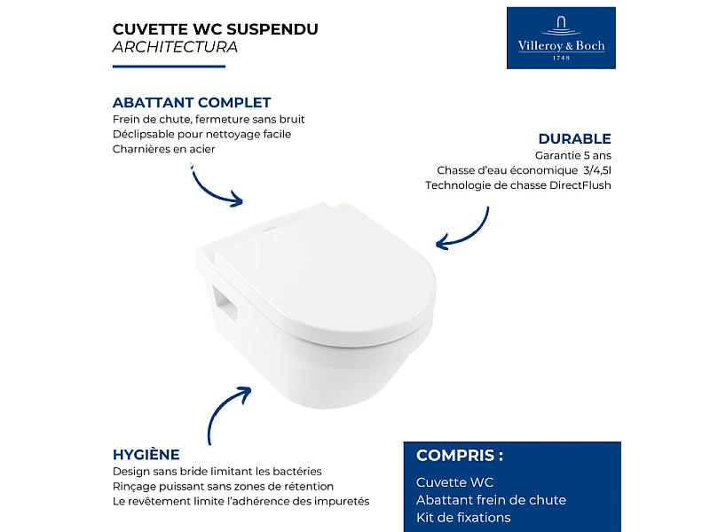 WC suspendu sans bride VILLEROY ET BOCH Architectura Directflush + abattant frein de chute