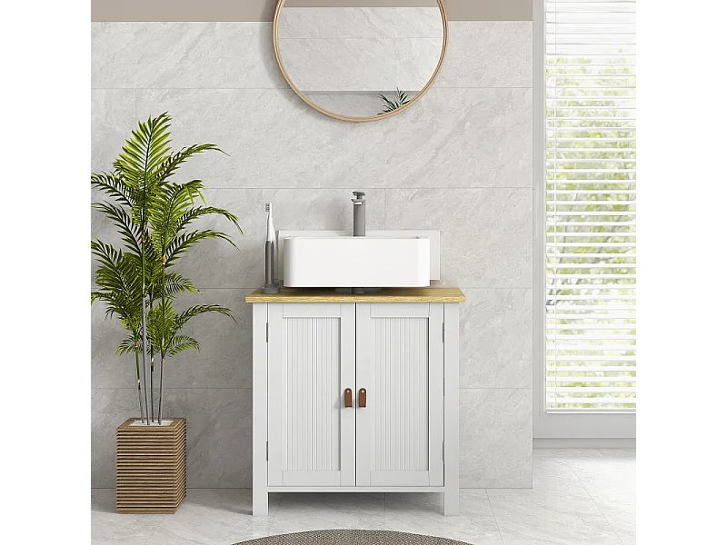 Meuble sous-vasque sur pied 2 portes CONIMO bois clair et blanc