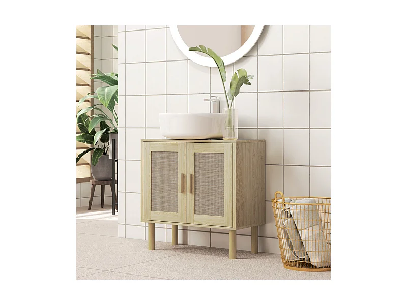 Meuble sous vasque style bohème RINOA effet rotin bois clair