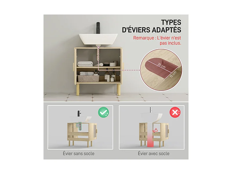 Meuble sous vasque style bohème RINOA effet rotin bois clair