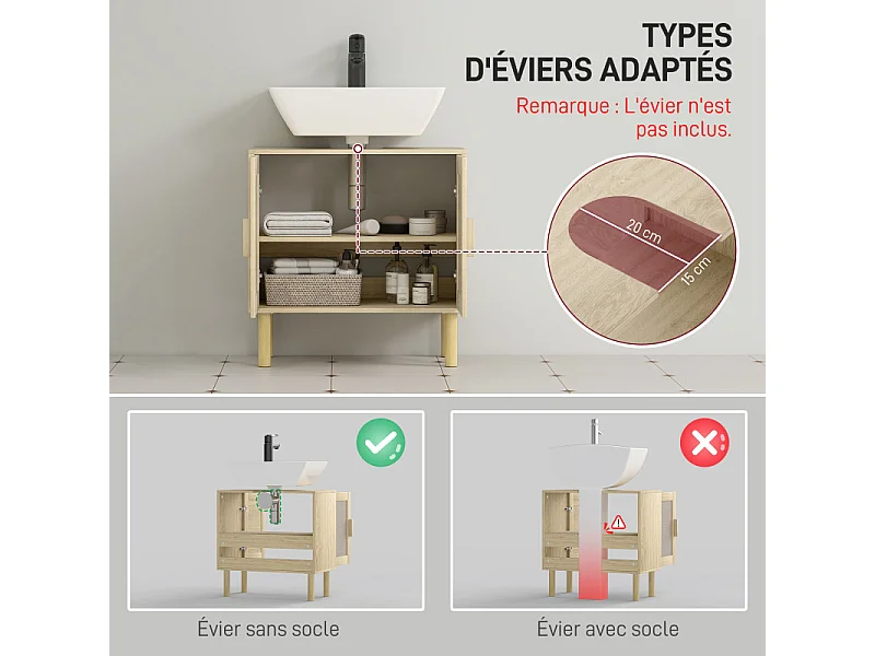 Meuble sous vasque style bohème RINOA effet rotin bois clair