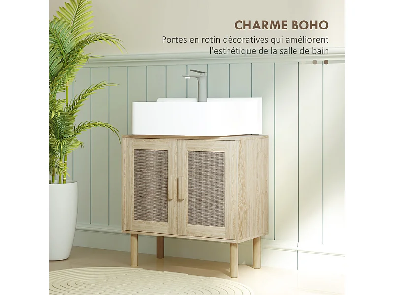 Meuble sous vasque style bohème RINOA effet rotin bois clair
