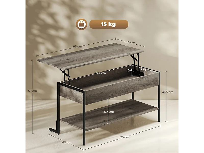 Table basse relevable ARLENE effet bois gris et noir