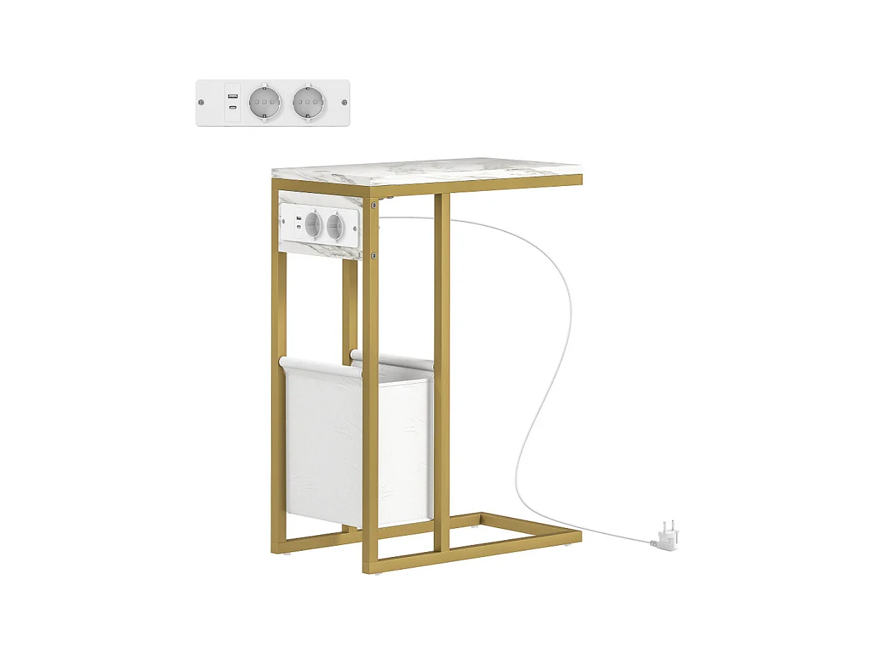 Table d'appoint avec station de charge et panier CELIA blanc et or