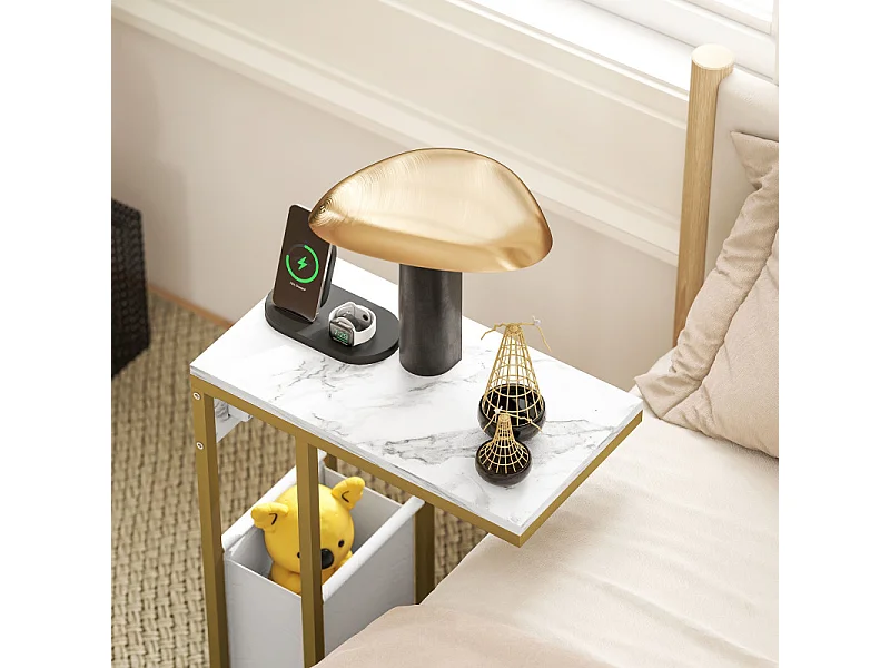 Table d'appoint avec station de charge et panier CELIA blanc et or