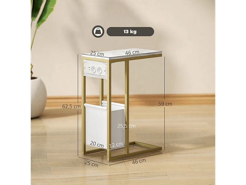 Table d'appoint avec station de charge et panier CELIA blanc et or