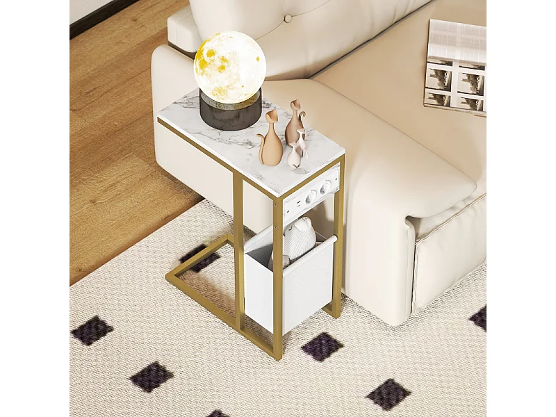 Table d'appoint avec station de charge et panier CELIA blanc et or