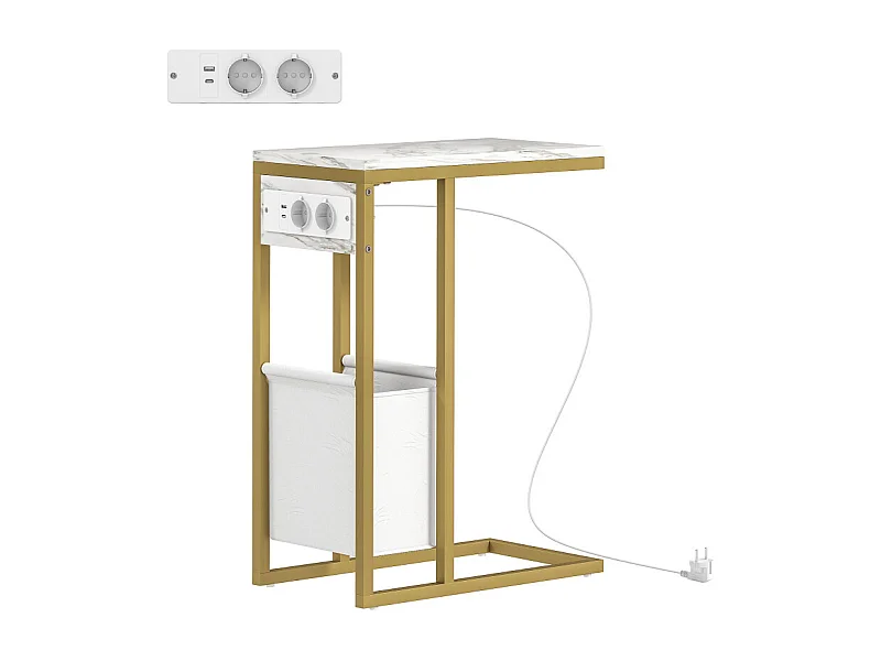 Table d'appoint avec station de charge et panier CELIA blanc et or