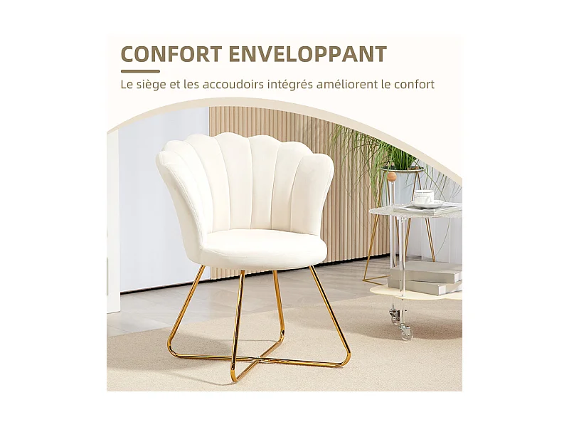 Fauteuil design coquillage BIANCA velours blanc crème