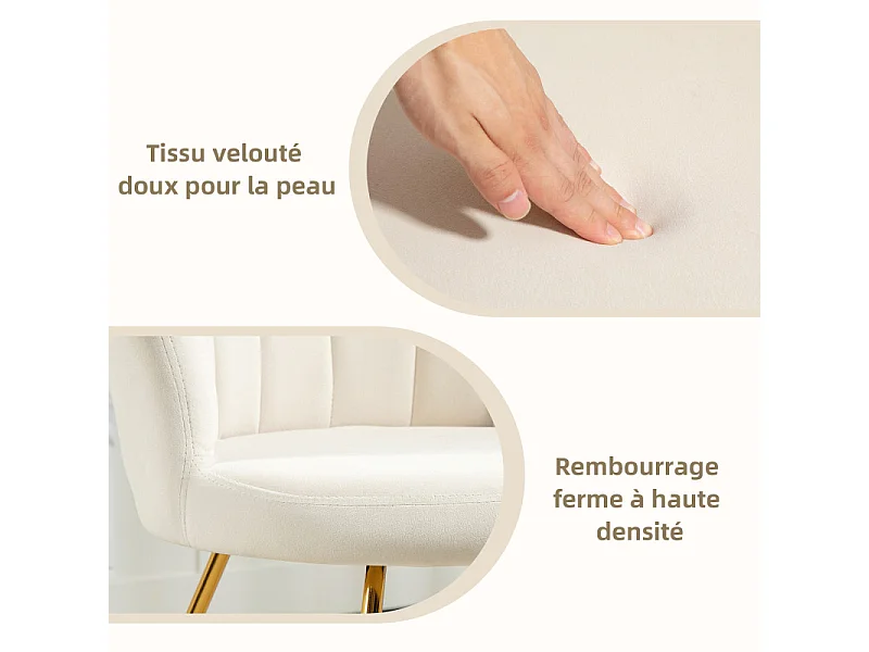 Fauteuil design coquillage BIANCA velours blanc crème