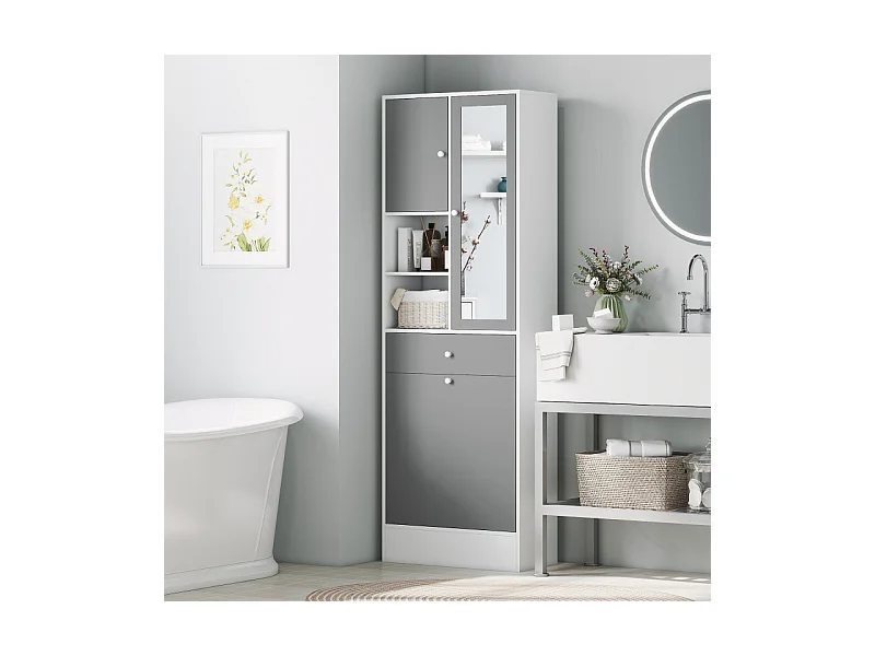 Meuble haut de salle de bain avec miroir MARCELLA gris et blanc