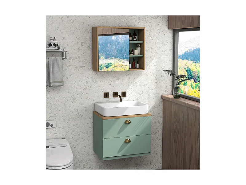 Ensemble 2 meubles salle de bain LUCIANO bois clair et vert