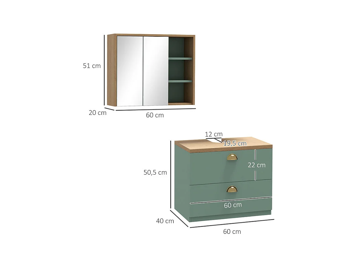 Ensemble 2 meubles salle de bain LUCIANO bois clair et vert