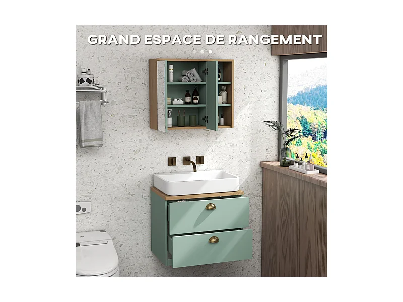 Ensemble 2 meubles salle de bain LUCIANO bois clair et vert