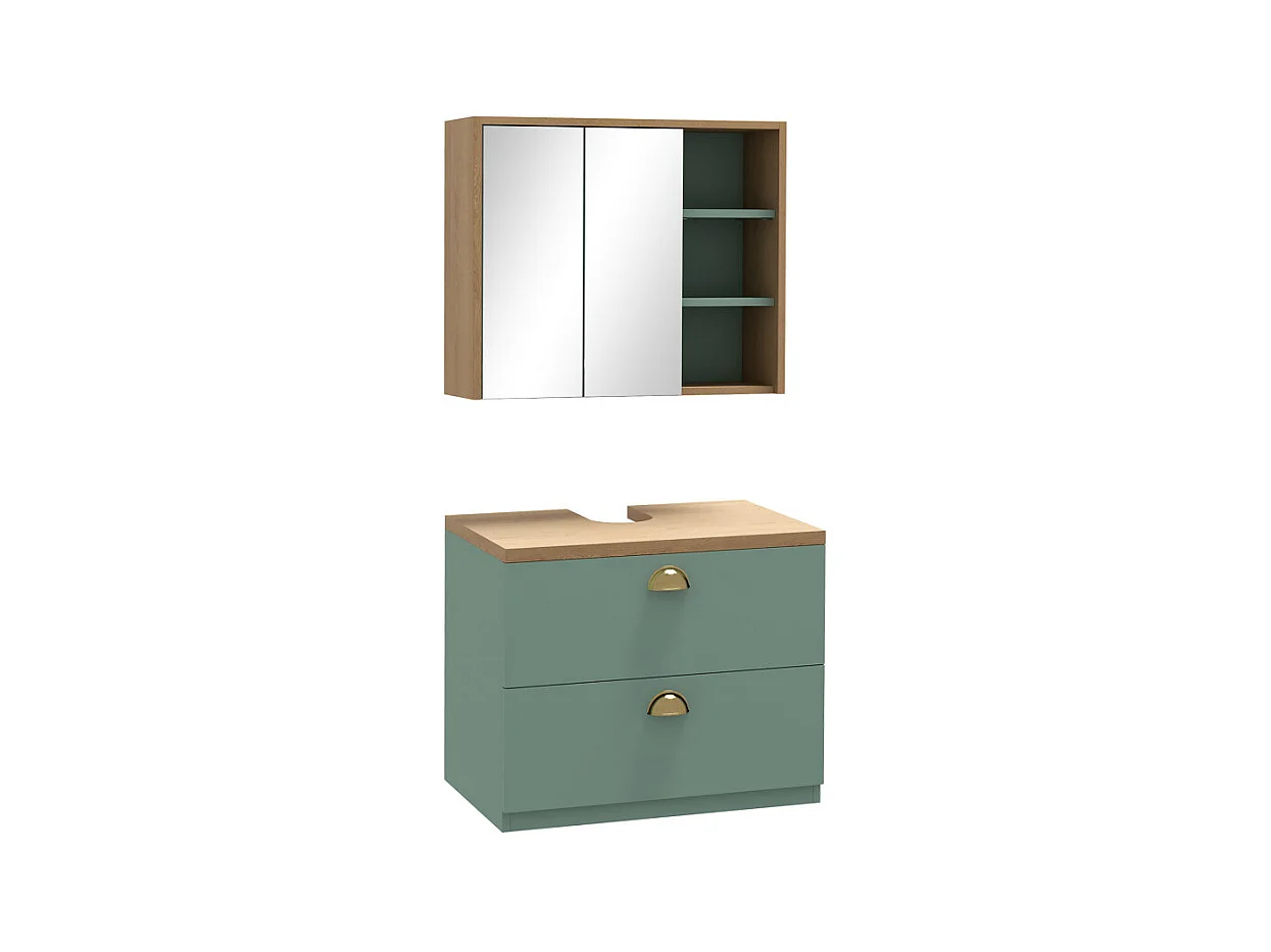 Ensemble 2 meubles salle de bain LUCIANO bois clair et vert