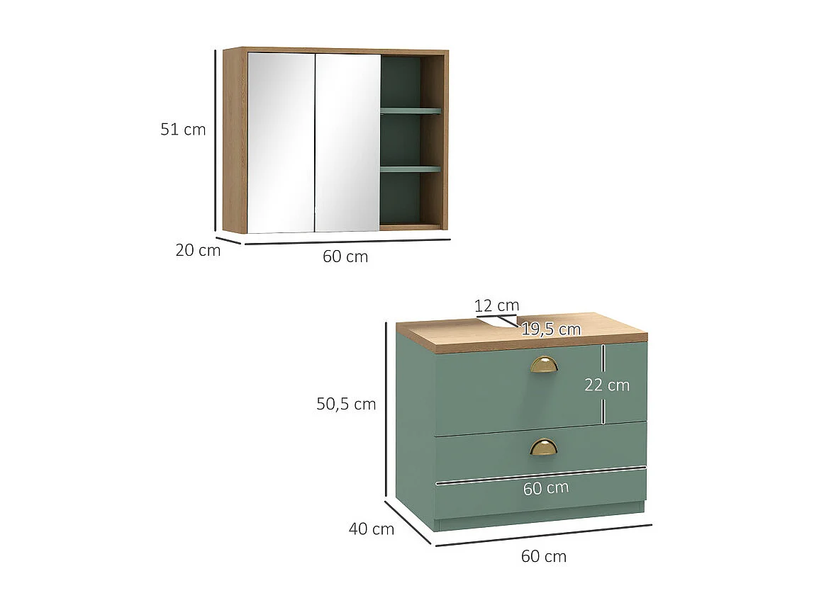 Ensemble 2 meubles salle de bain LUCIANO bois clair et vert